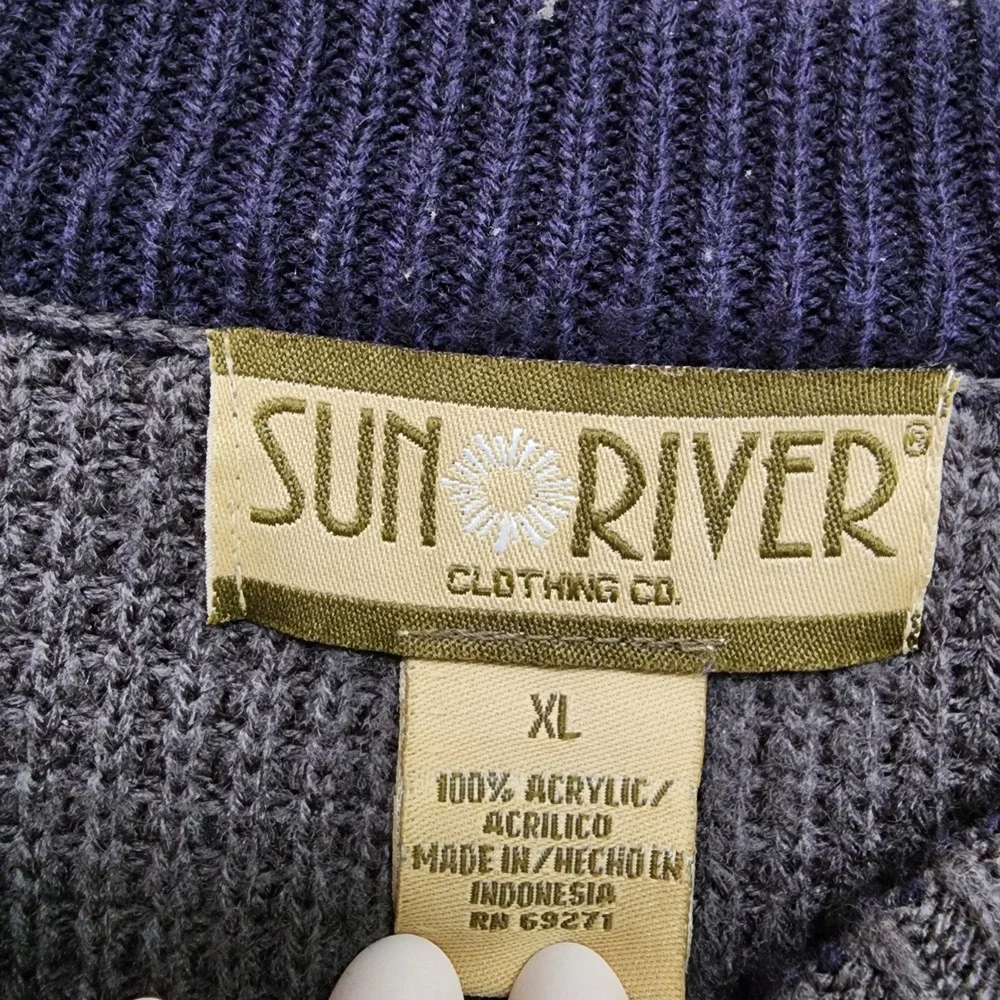 Sun River Mens XL Gray Waffle Knit Sweater Red Navy Stripe Crewneck 100% Acrylic